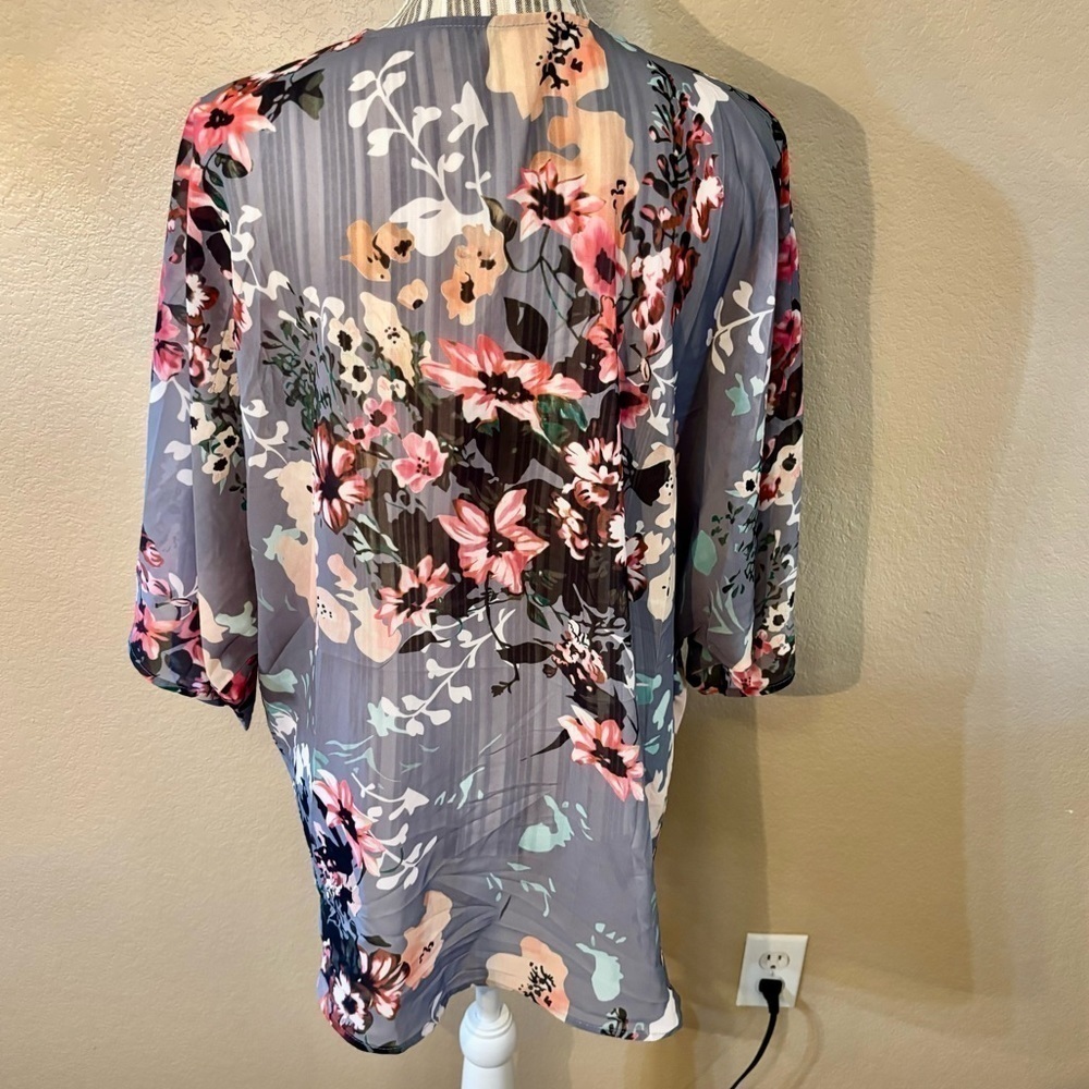 Open Cardigan Blouse Large Grey Floral Pink Gold Peach Sheer Mandarin - Picture 8 of 14